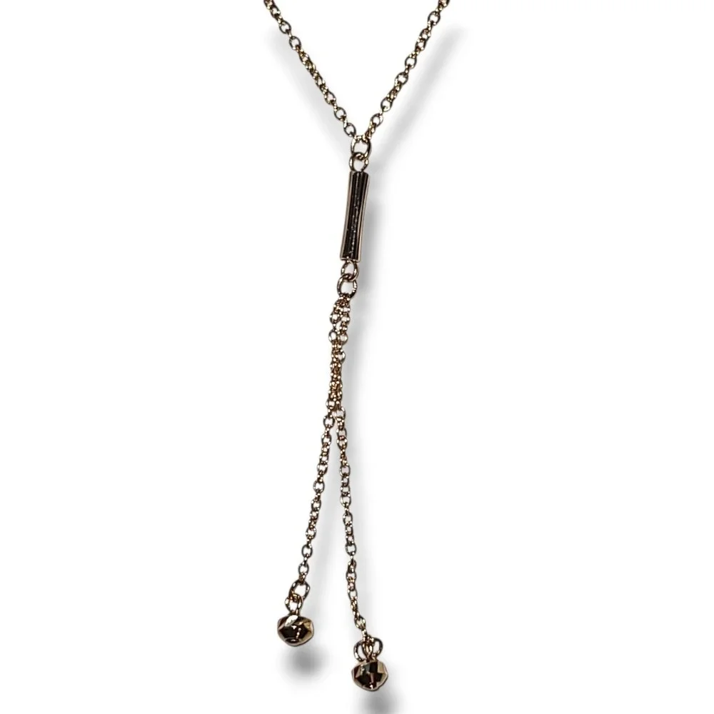 Vintage Gold Tone Dainty Y Drop Lariat Necklace Tassel Ball Ends 16in Minimalist